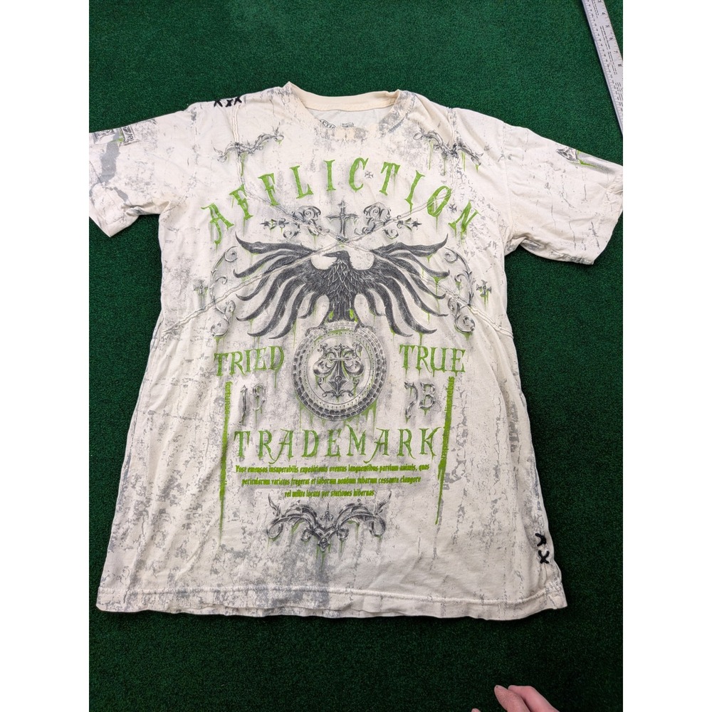 Affliction Mens Graphic T Shirt Medium Cream Green Eagle Distressed MMA